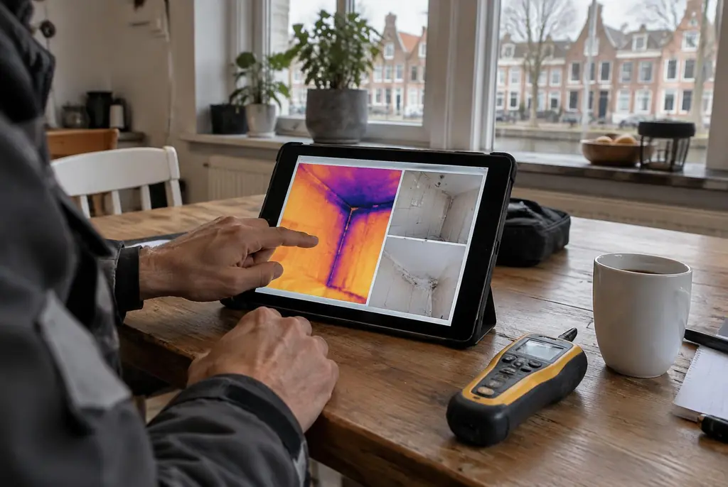 Lekdetectie Heerenveen – lekdetectierapport met warmtebeelden en foto's op een tablet
