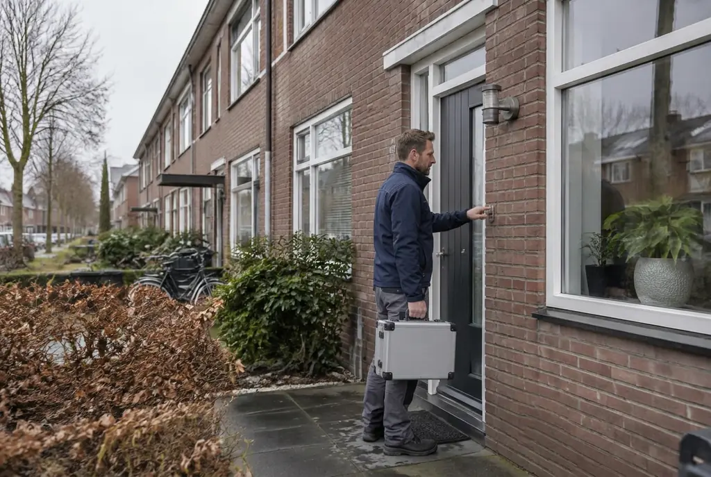 Lekdetectiespecialist met meetkoffer bij de voordeur van een woning in Heerenveen